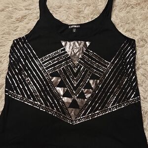 Express Black Tank Top with Metallic Silver/Gold Beaded Design sz M